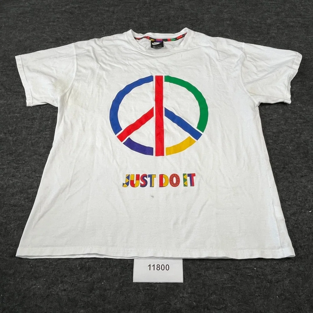 Nike T-Shirt Mens Large White Urban Jungle Peace Sign Just Do It Graphic Print